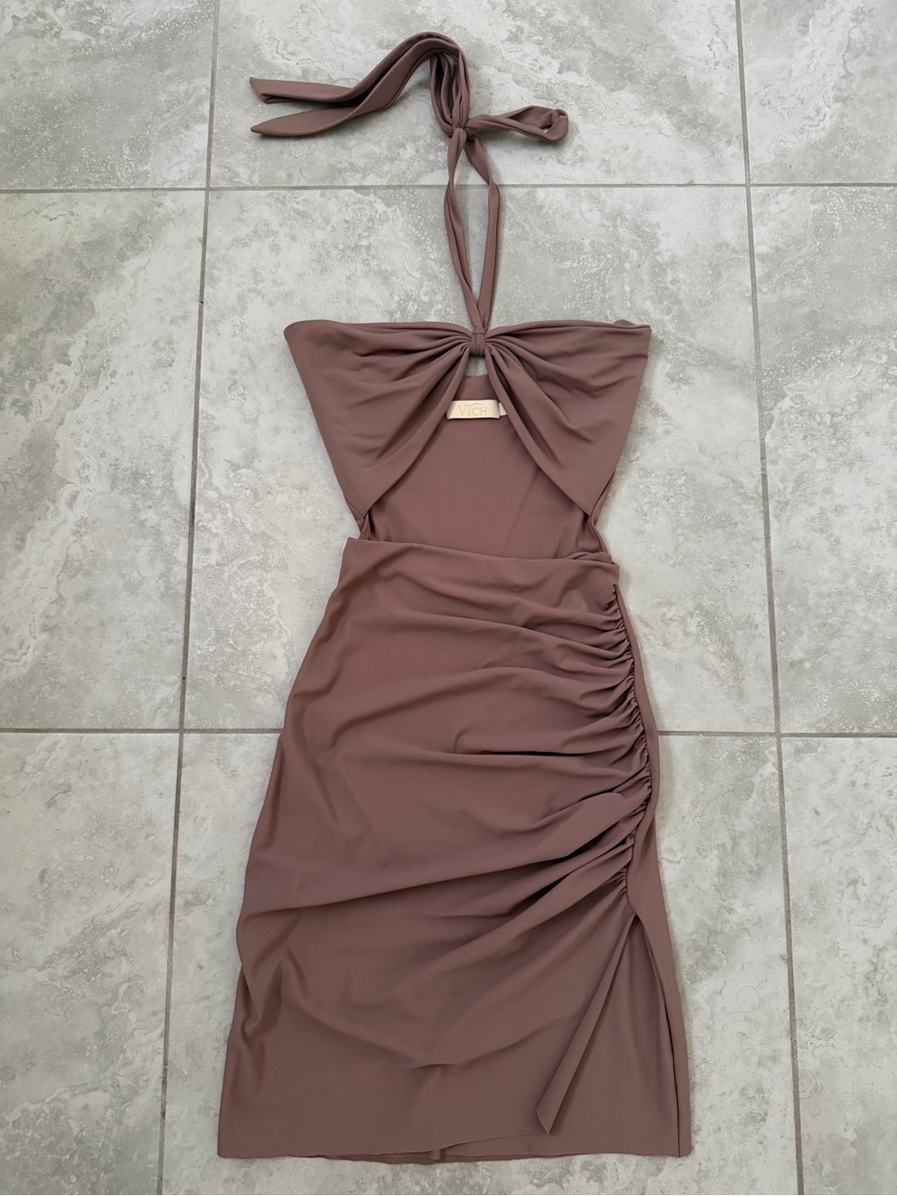Ruched Halter Dress in taupe brown